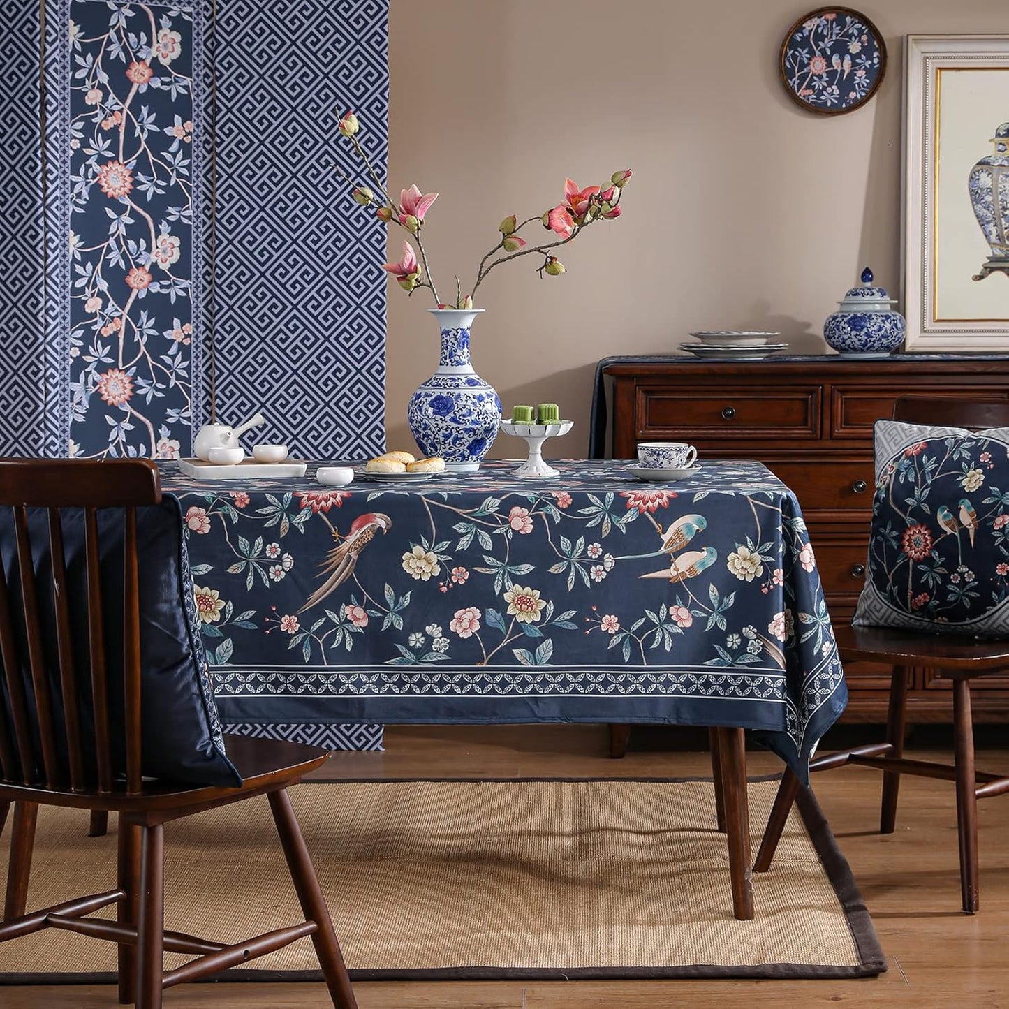patdrea Designer Dark Blue Linen Rectangular Tablecloth,Vintage Navy French Floral and Birds Pattern Table Cloth,Decoration Table Cover for Kitchen,Dining,Tea Party,Home,Christmas,67"*118"