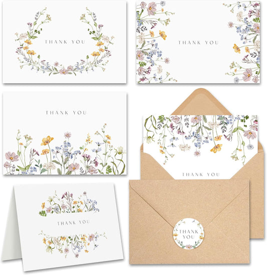 AUDREE Floral Thank You Cards With Envelopes (20 pack 4x6) - Wildflower Thank You Cards With Adhesive Envelope & Stickers - Thank You Cards for Birthday, Wedding, Bridal Showers, Baby Showers