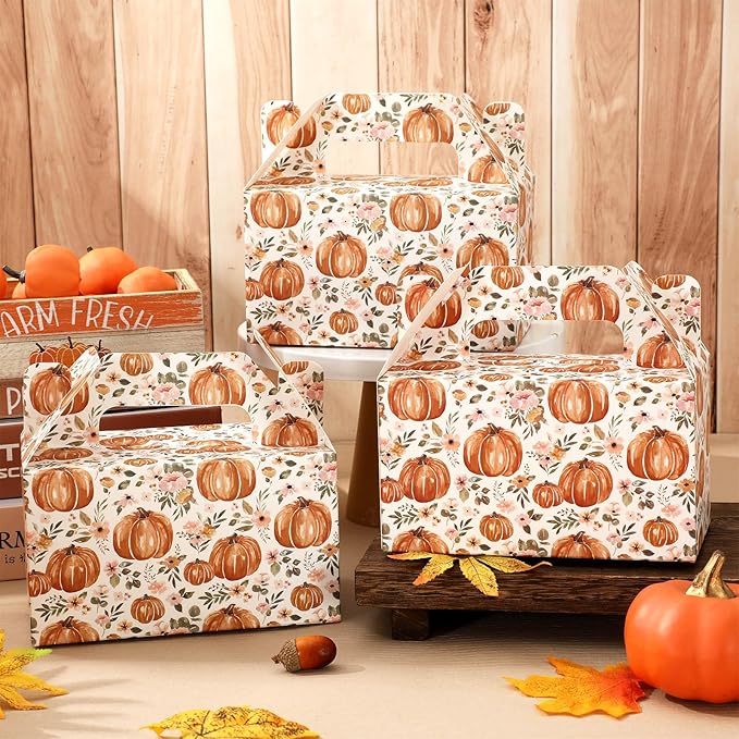 24Pcs Fall Pumpkin Treat Box with Handle Floral Pumpkin Goodie Candy Bags Autumn Cardboard Gift Box for Thanksgiving Cookie Candy Wedding Baby Shower Party Favors