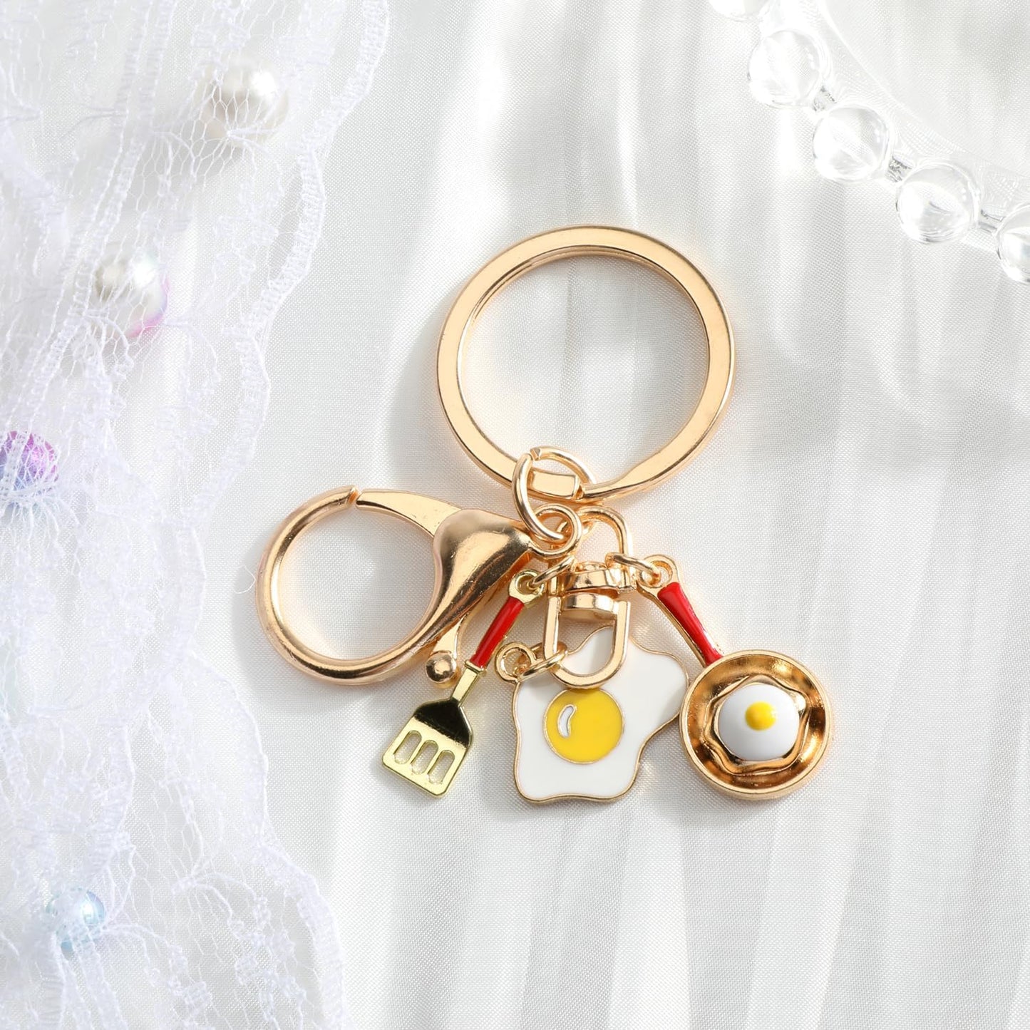 Fried Egg Keychain with Pan and Spatula Charm Kitchen Themed Accessory for Women Cooking Lovers Gift