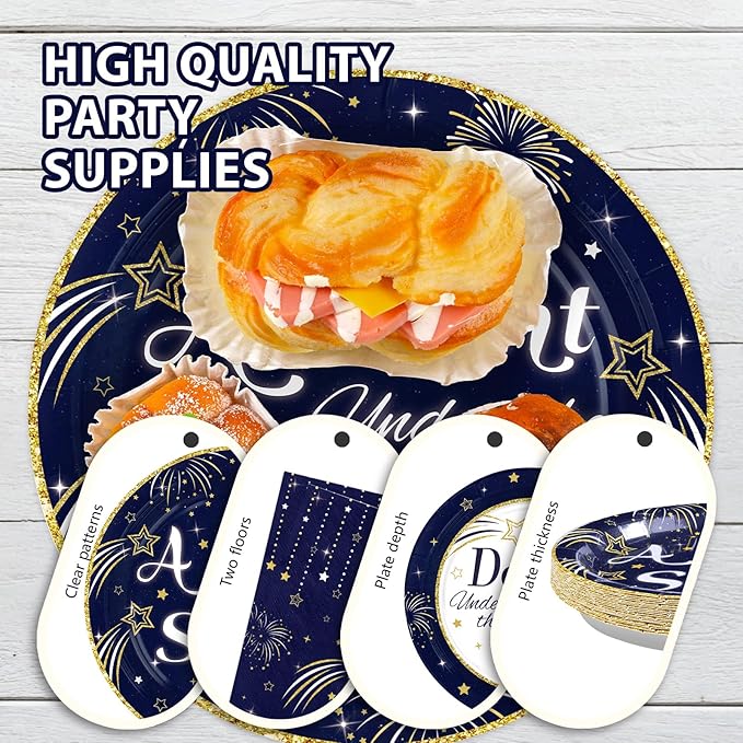 Grencian Dancing Under the Stars Decorations - 96 Pcs Navy Blue Starry Night Party Plates and Napkins Gold Star Disposable Tableware for A Night Under the Stars Birthday Party Decorations Serve 24