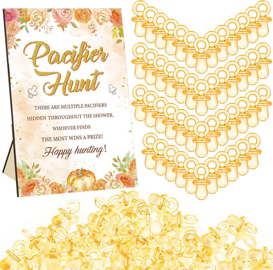 Thyle 51Pcs Fall Baby Shower Games a Little Pumpkin Is on The Way Pacifier Hunt Include Hunt Sign and 50 Acrylic Pacifiers for Thanksgiving Autumn Baby Shower Present Pumpkin Gender Reveal Party Decor