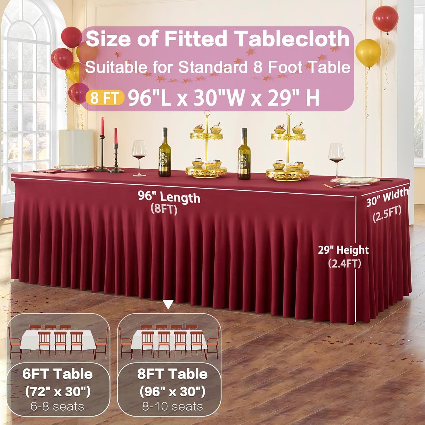 Spandex Burgundy Table Clothes for 8 Foot Rectangle Tables, Wrinkle Free Fitted Tablecloth Cover 8ft Maroon Stretchy Tablecloths Desk Skirt for Parties Weddings Birthday Banquet Baby Shower