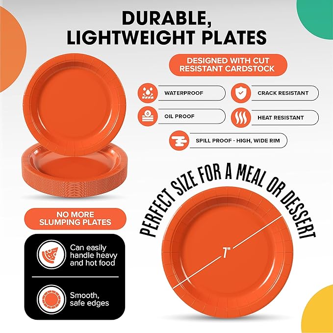 Exquisite Party Solids Orange Paper Plates Disposable Heavy Duty 7 Inch Orange Disposable Plates For Party 100 Pcs Heavy Duty 350 GSM, Birthday Supplies