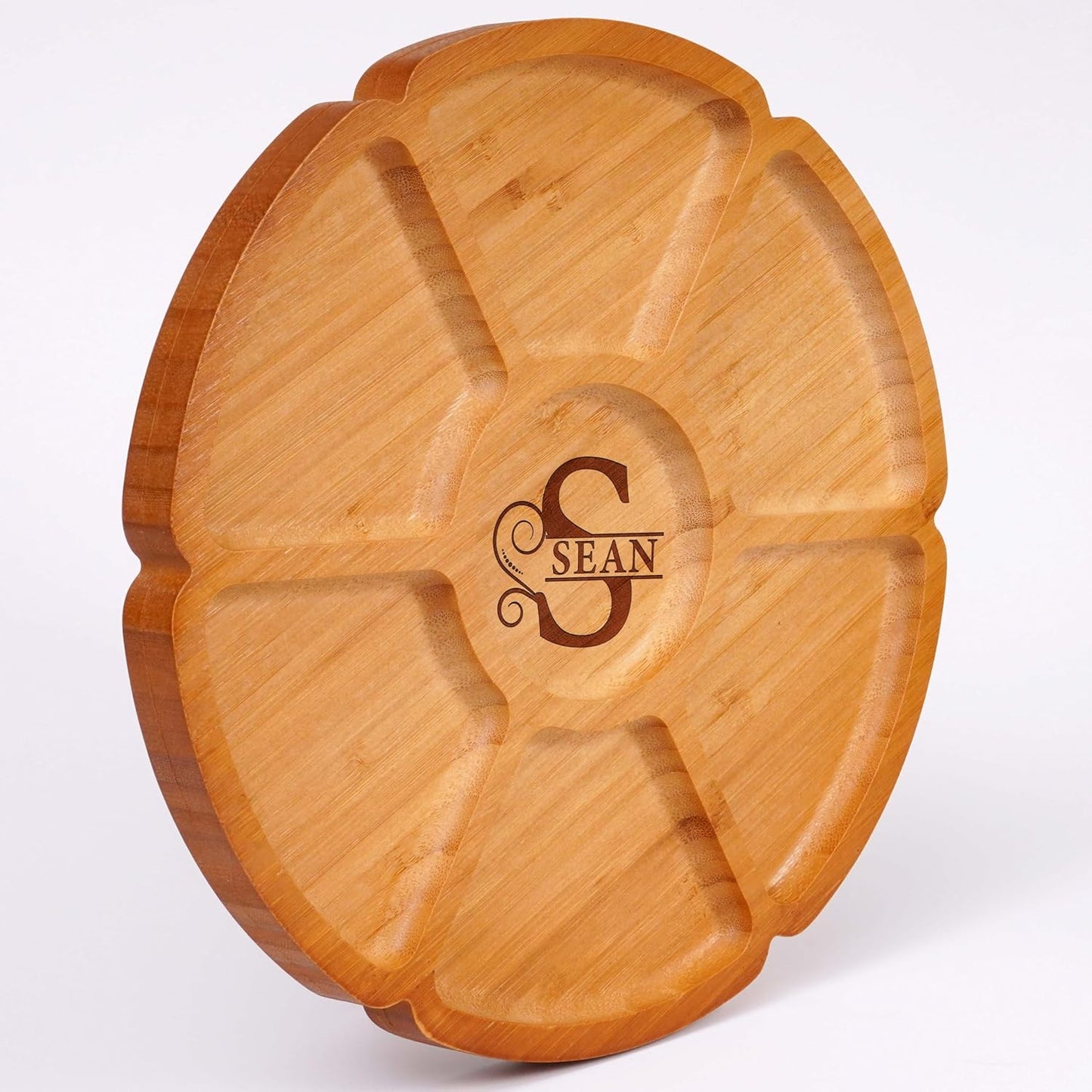 Custom Engraved Bamboo 9" Serving Tray – Personalized 7-Divided Flower Petal Platter, Perfect for Snacks, Appetizers, Charcuterie, Parties, Weddings, Housewarming, and Entertaining Gifts