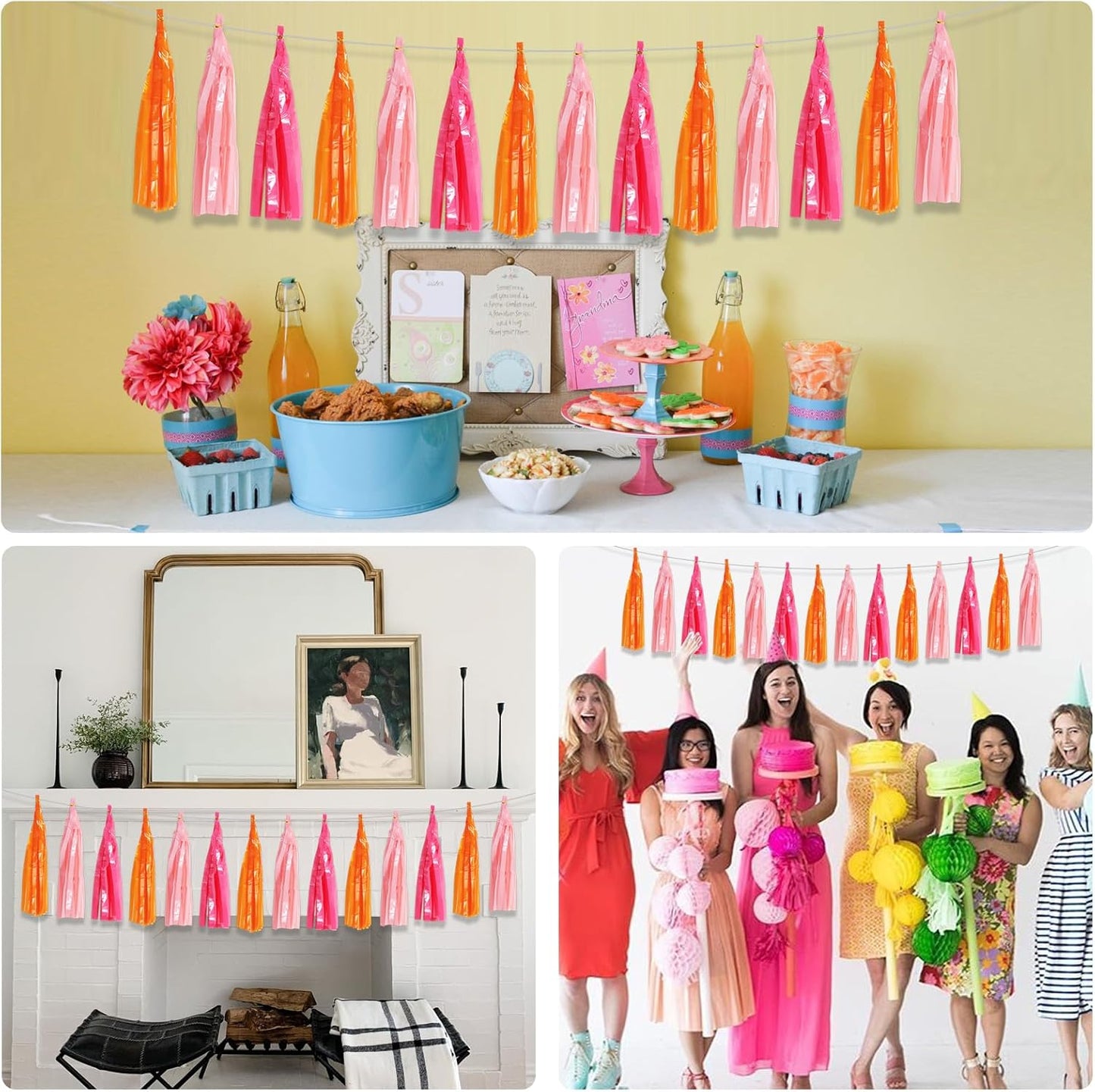 BEISHIDA 3 Packs Hot Pink Orange Metallic Foil Fringe Tassel Garland, Tassels Banner Streamers for Car Floats Bridal/Baby Shower Birthday Wedding Halloween Christmas Holiday Party Decoration