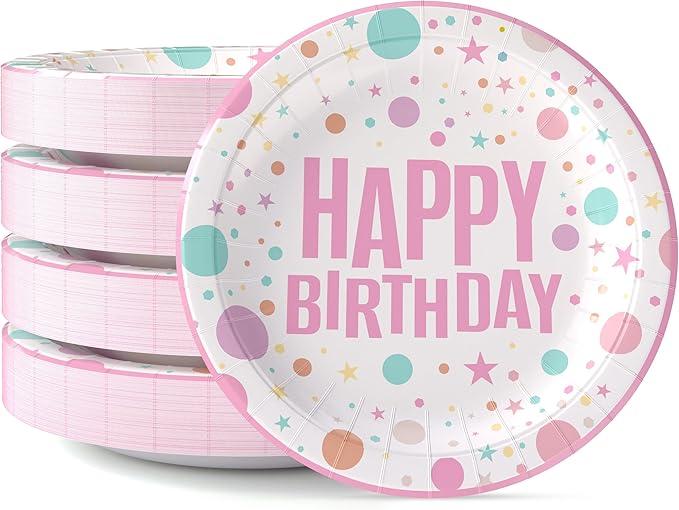 Exquisite Pink Happy Birthday Plates 7" Birthday Paper Plates 100 Pcs Pink Party Plate | Disposable Heavy Duty 350 Gsm Disposable Plate For Party Supplies And Decorations