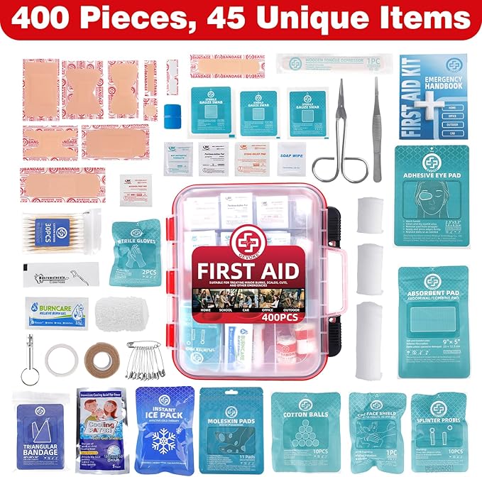 400 Piece First Aid Kit - Organized Dual-Layer Wall-Mountable Hard Case Medical Kit for Home, Car, Camping, Travel, Hiking, Truck, Office, Sports, Vehicle & Outdoor Emergencies