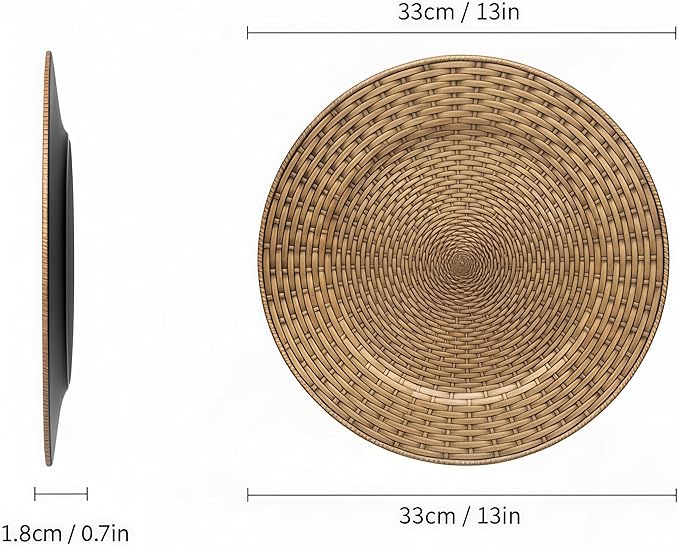 Rattan Chargers for Dinner Plates, 13" Antique Gold Charger Plates, Set of 6 Round Plastic Woven Texture Matte Finish for Wedding & Party (262)