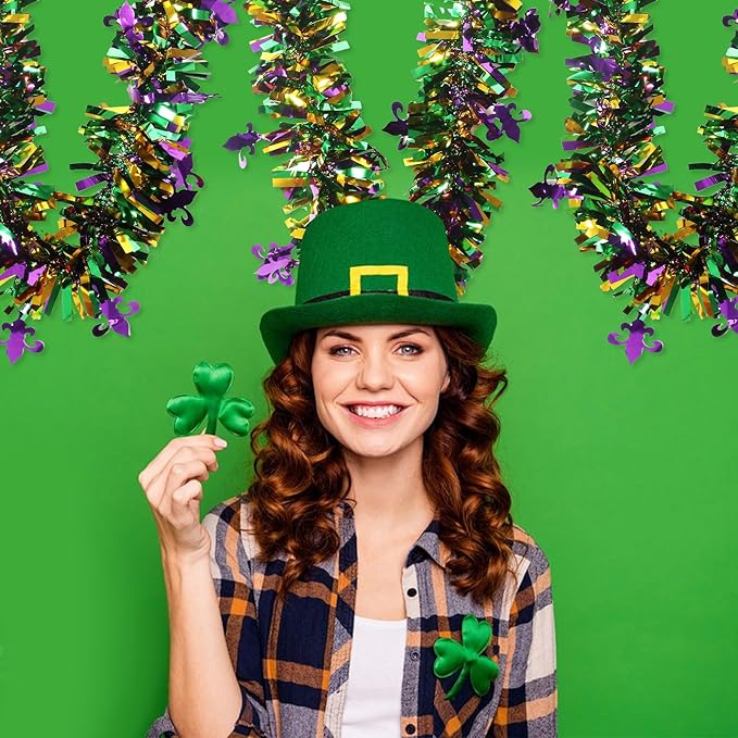 100 Feet Mardi Gras Tinsel Garland Gold Green Purple Christmas Tree Tinsel Garland Metallic Twisted Hanging for Mardi Gras Oktoberfest Birthday Party Decoration, A