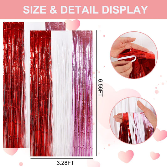 TONIFUL Valentine's Day Door Streamers,Red Pink and White Photo Booth Backdrop Metallic Streamers Foil Fringe Curtain for Birthday Valentine's Day Bridal Shower Engagement Party Decoration