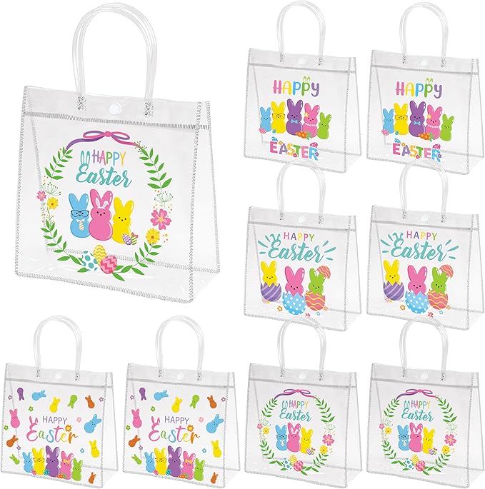 H1vojoxo Happy Easter Gift Bags - 24PCS Colorful Bunny Eggs Clear PVC Tote Bags with Handle Printed with Rabbits Eggs Clear Reusable PVC Gift Wrap Bags for Holiday Party Favor Easter Hunt Bag for Kids