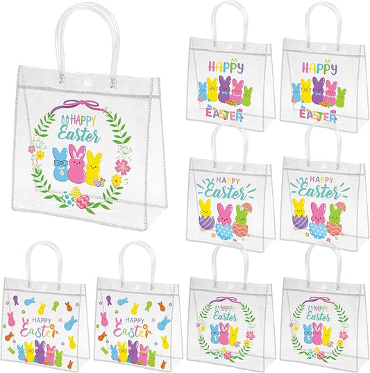 H1vojoxo Happy Easter Gift Bags - 24PCS Colorful Bunny Eggs Clear PVC Tote Bags with Handle Printed with Rabbits Eggs Clear Reusable PVC Gift Wrap Bags for Holiday Party Favor Easter Hunt Bag for Kids