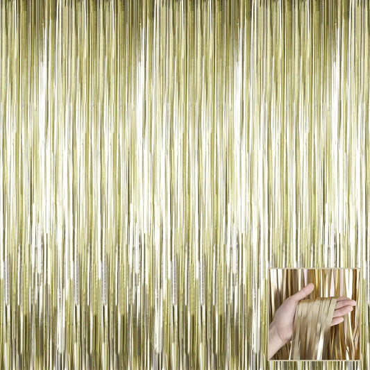 4 Pack Light Gold Foil Fringe Curtain Backdrop, 3.28Ft x 6.56Ft Metallic Tinsel Foil Fringe Streamers Curtains for Photo Booth, Wedding, Thanksgiving, Birthday, Christmas, Halloween Party Decoration