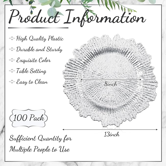 Tanlade 100 Pcs Reef Charger Plates Bulk 13 Inch Plastic Wedding Chargers Floral Decorative Plates with Metallic Ruffled Rim for Wedding Party, Holiday Event Supplies(Silver)