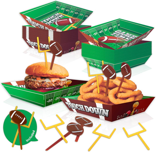 50-Piece Football Party Food Tray Box Kit - 30 Oil-Resistant Paper Snack Trays & 20 Goalpost and Football Picks for Nachos, Popcorn, Chips at Super Bowl, Tailgate, College Games, Sports Birthdays