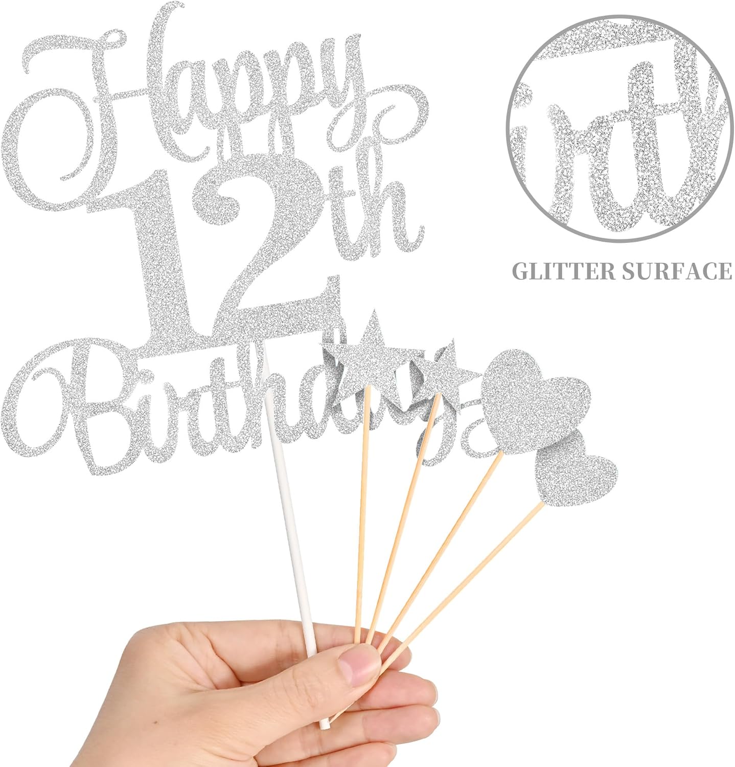12th Birthday Cake Decorations, 12th Birthday Candles Cake Numeral Candles and Glitter Happy 12th Birthday Cake Toppers Set for Birthday Party Supplies (Silver)