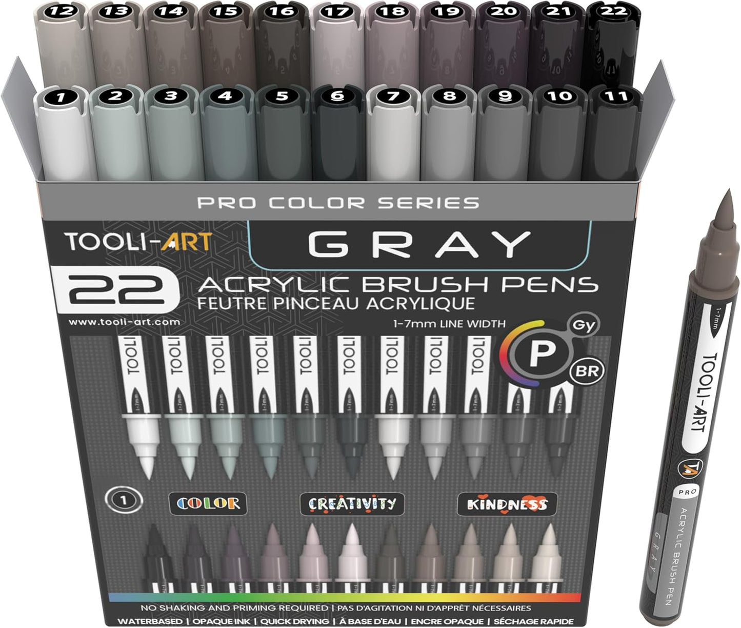 22 Flexible Brush Tip Acrylic Paint Pens Markers Set 1-7mm Line for Rock Painting, Brush Lettering, Glass, Mugs, Wood, Metal, Canvas, Fabric, Plastic. Non Toxic Waterbased Quick Drying Assorted Gray