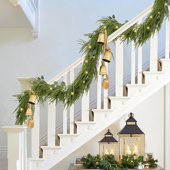 Sggvecsy 6Ft Christmas Fork Norfolk Pine Garland Artificial Christmas Garland Real Touch Pine Greenery with Eucalyptus for Table Wall Mantle Indoor Fireplace Home Holiday Decoration (2 Pack)