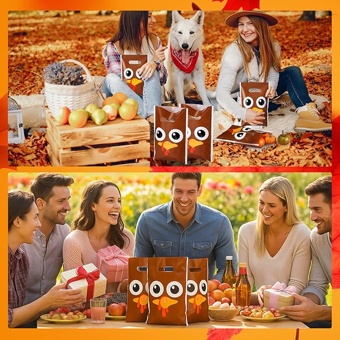 Supervitae 100 Pcs Thanksgiving Turkey Plastic Gift Bags Bulk Fall Party Favor Bags with Handles for Fall Autumn Birthdays Weddings Snacks Goodie Candy Treat Party Favors Supplies