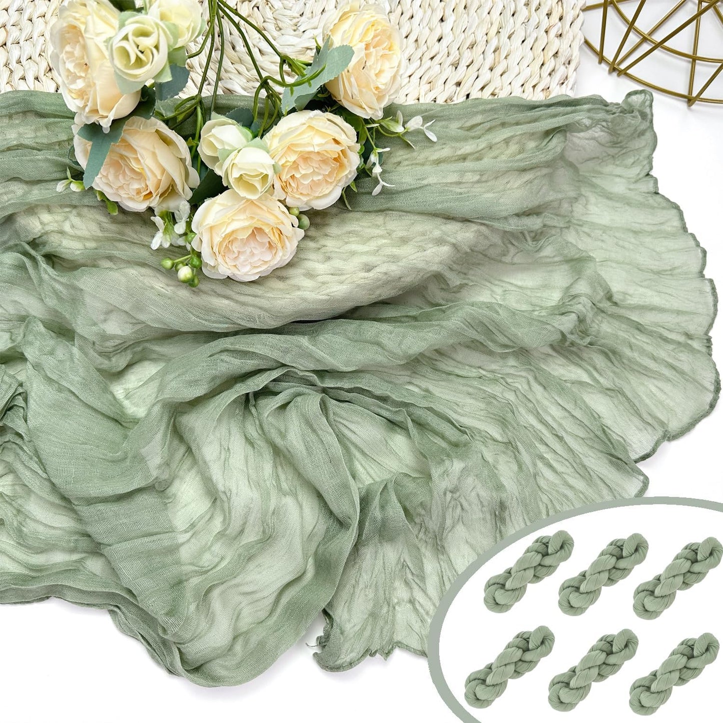 Booque Valley 6 Pack Sage Green Cheesecloth Table Runner 10ft Super Soft Boho Wrinkled Gauze Sheer Cloth for Baby Shower Baptism Birthday Party Wedding Centerpiece Table Decoration, 35x120 Inch