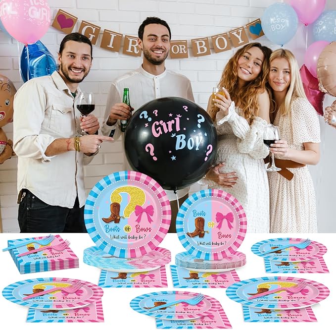 OBUSATT 96Pcs Boot or Bows Gender Reveal Party Decoration Boy or Girl Paper Plates Napkins Blue or Pink Supplies Boot or Bows Dinnerware Set Disposable Favor for Baby Shower Gender Reveal Serves 24