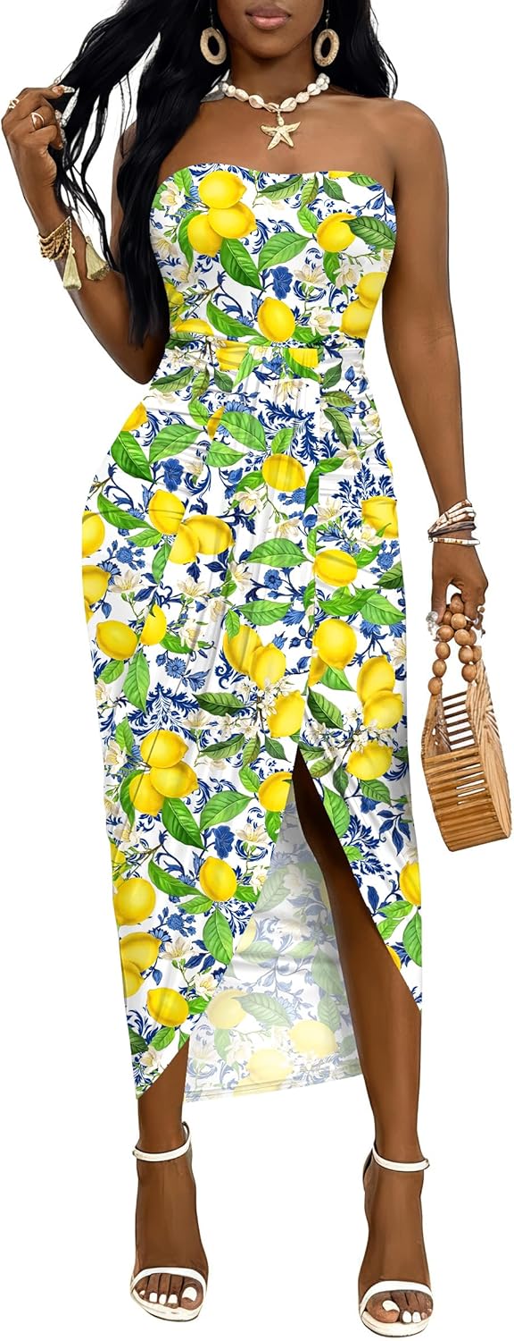 Umenlele Women's Strapless Ruched High Waist Wrap Split Asymmetrical Beach Maxi Long Dress