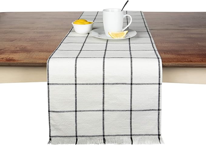 Sticky Toffee Cotton Table Runner 14x72 in – Cream Plaid Woven Table Décor for Kitchen or Dining Room, Farmhouse Style, Oeko-Tex Cotton