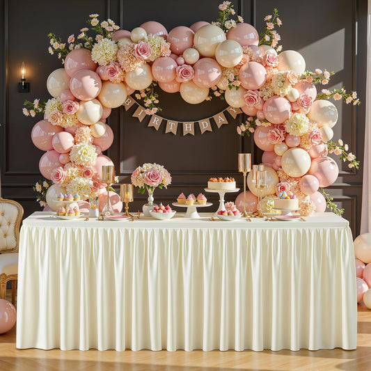 Cream White Table Clothes for Rectangle Tables 6ft, Wrinkle Resistant Fitted Table Cloth with Pleated Ruffle Skirts for Banquet Wedding Baby Shower Folding Tables