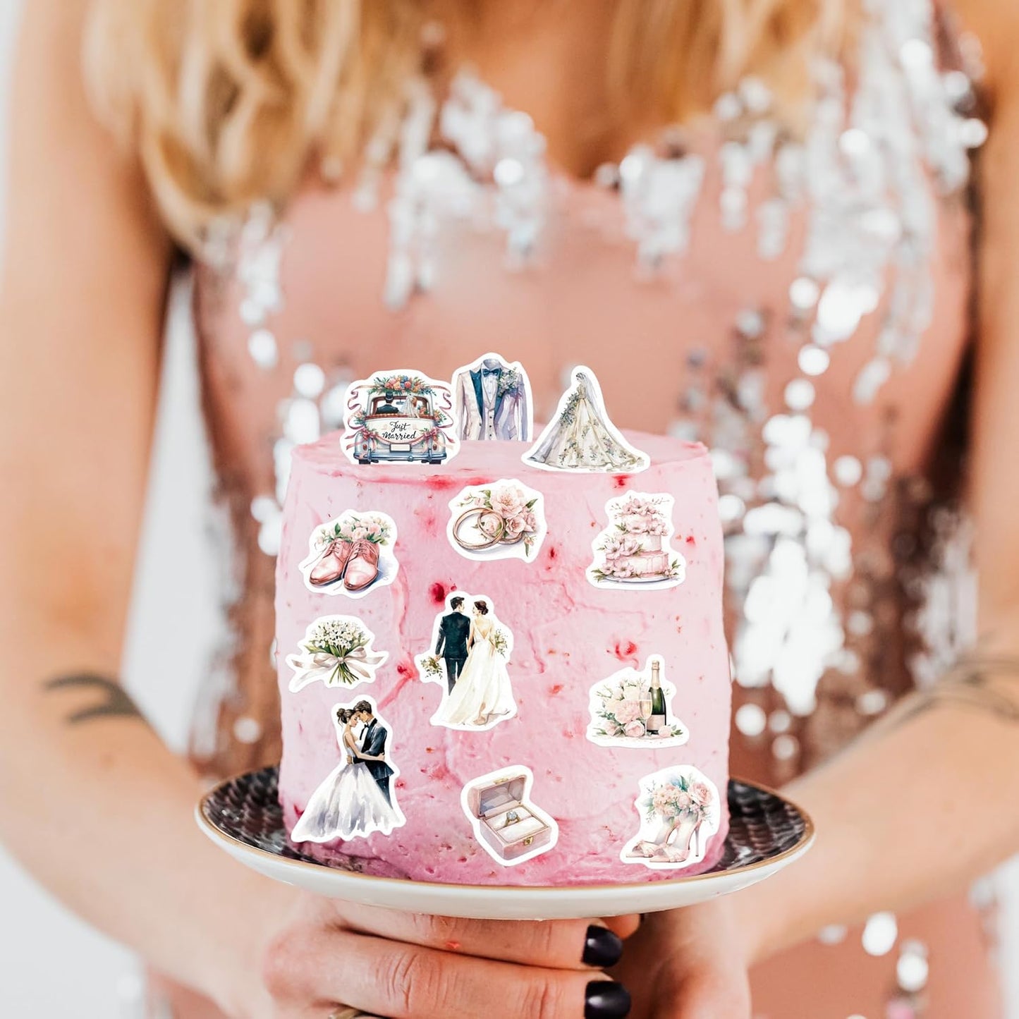 45PCS Edible Wedding Cupcake Toppers Wafer Paper Groom and Bride Cupcake Decoration Diamond Ring Cupcake Picks for Bridal Shower Bachelorette Wedding Party Supplies