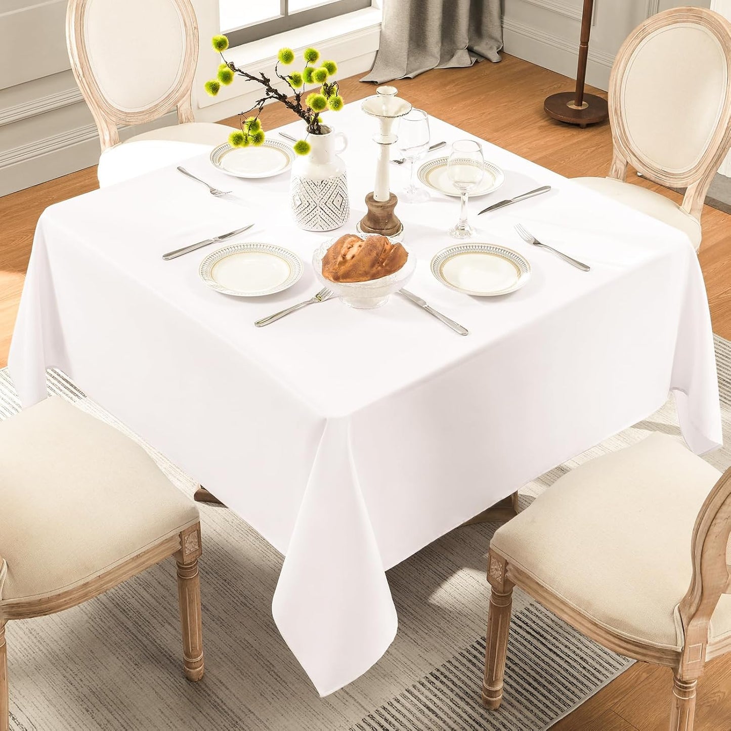 Square Tablecloth 52 x 52 Inch White Tablecloths Stain-Wrinkle Resistant Washable Polyester Table Cloths for Holiday, Buffet Parties, and Weddinge
