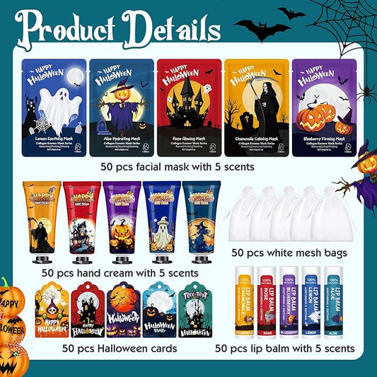 50 Pack Halloween Hand Cream, Facial Mask and Lip Balm Set, Bulk Halloween Gifts for Women, Halloween Decorations, Halloween Party Favors, Halloween Basket Stuffers and Halloween Skincare