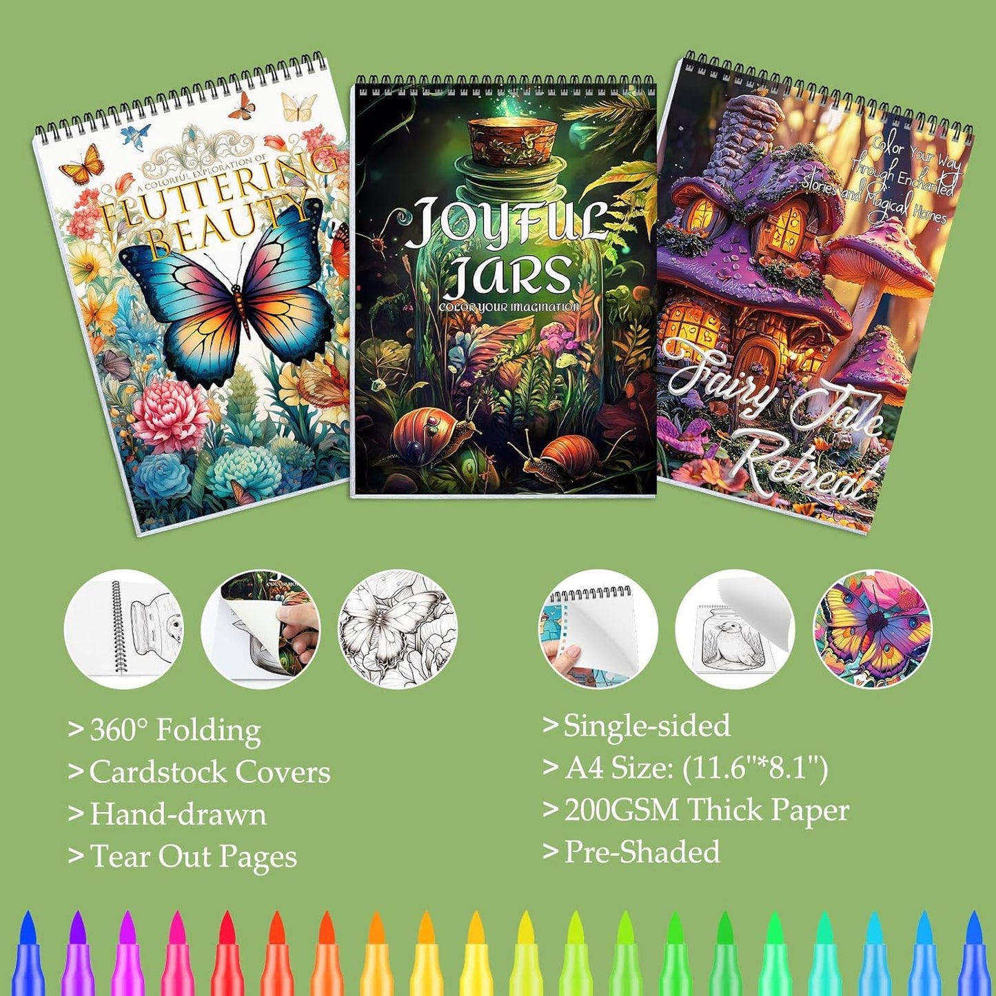 Adult Coloring Books for Women Relaxation, Stress Relief Coloring Book with 36 Dual Tip Markers, Spiral Coloring Book with 72 Patterns Include Magic Flora & Fauna, Relaxing Gift for Women(3 Pack)