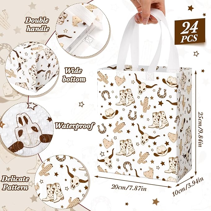 Supervitae 24 Pack Brown Cowboy Gift Bags Medium Western Cowboy Theme Party Decoration Supplies Reusable Non Woven Totes for Rodeo Birthday Themed Supplies Favor(9.8" x 7.9" x 3.9")