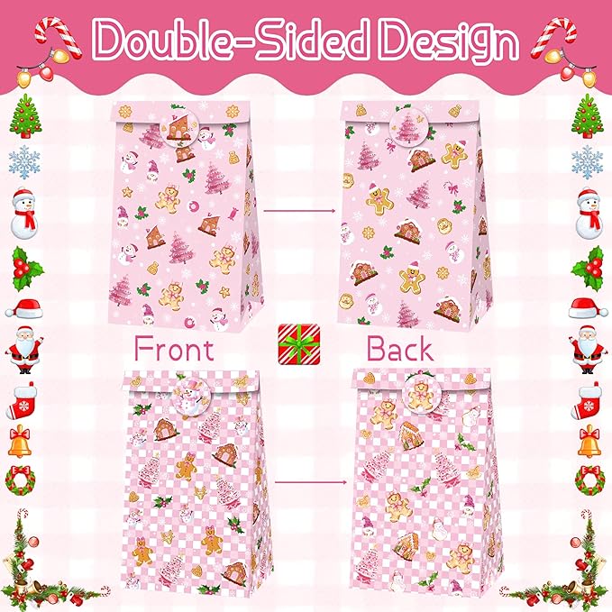 Inshinern 12 Pcs Pink Christmas Tree Party Favor Bags Small Christmas Gift Bags with Stickers Snowman Candy Cane Bag for Gingerbread Man Theme Birthday Baby Shower Decorations, Xmas Party Supplies