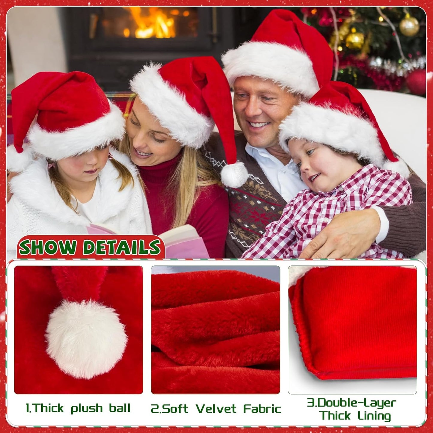 Santa Hats Adult, Christmas Hats for Women or Men, Gorros De Navidad Classic Extra Thicken Plush Xmas Santa Hat for New Year, Unisex Adult Size 4Pcs
