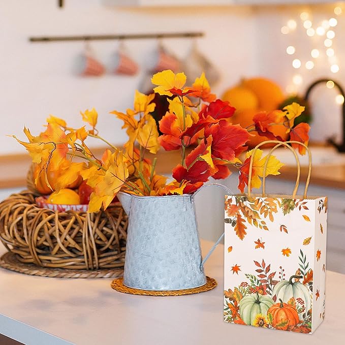 JarThenaAMCS 24Pcs Fall Kraft Paper Gift Bags Pumpkin Maple Leaves Treat Bags with Handles Grocery Shopping Bags Candy Goodie Bags for Autumn Thanksgiving Baby Shower Birthday Party Favors Supplies