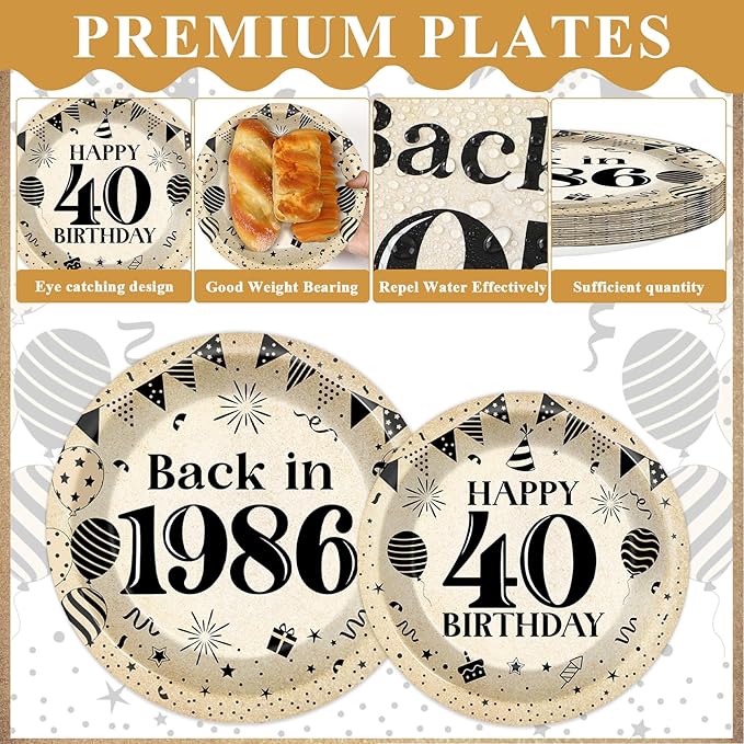 96Pcs 40th Birthday Party Paper Plates and Napkins for Back in 1986 Themed Party Supplies Vintage 40 Year Old Dessert Plates 40th Tableware for Men Women Birthday Gatherings Decorations