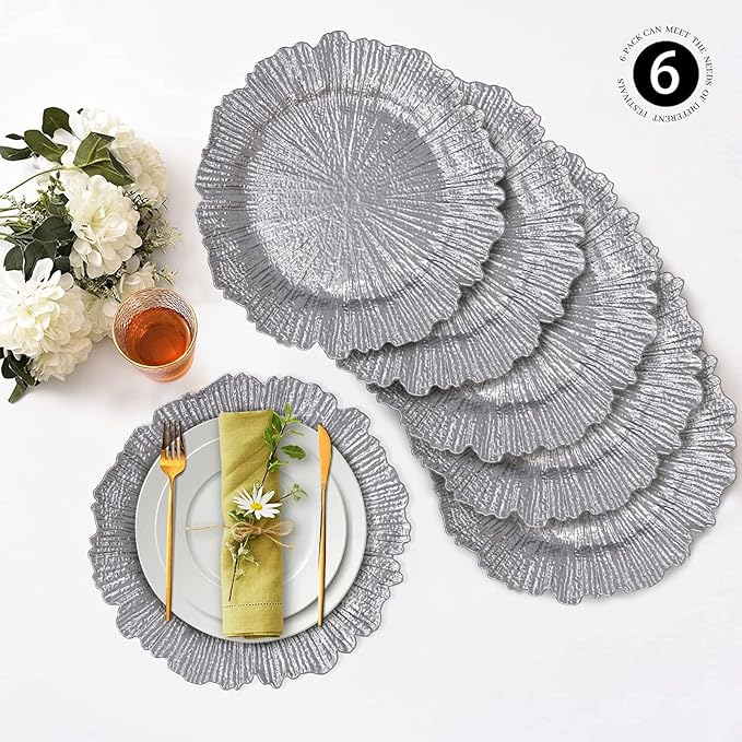 MAONAME Round 13" Silver Charger Plates, Reef Plate Chargers Set of 6, Plastic Table Chargers for Dinner Plates, Wedding, Thanksgiving, Christmas