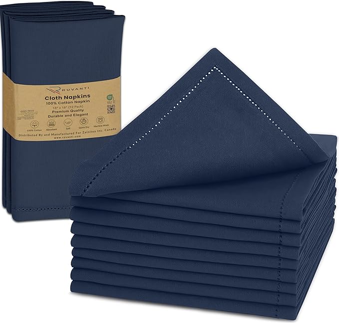 Ruvanti Cloth Napkins Set of 12, 100% Cotton High GSM 18x18 Inches, Hem Stitched Corners, Soft, Washable, Durable & Absorbent, Perfect for Parties, Christmas, Thanksgiving Dinners – Pageant Blue
