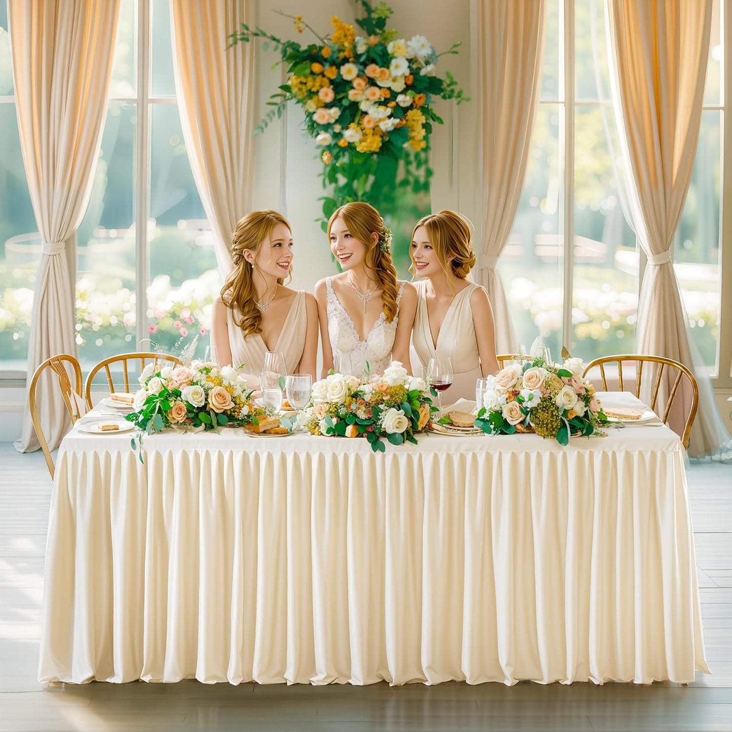 Light Champagne Table Clothes for Rectangle Tables 6ft, Wrinkle Resistant Fitted Table Cloth with Pleated Ruffle Skirts for Banquet Wedding Baby Shower Folding Tables