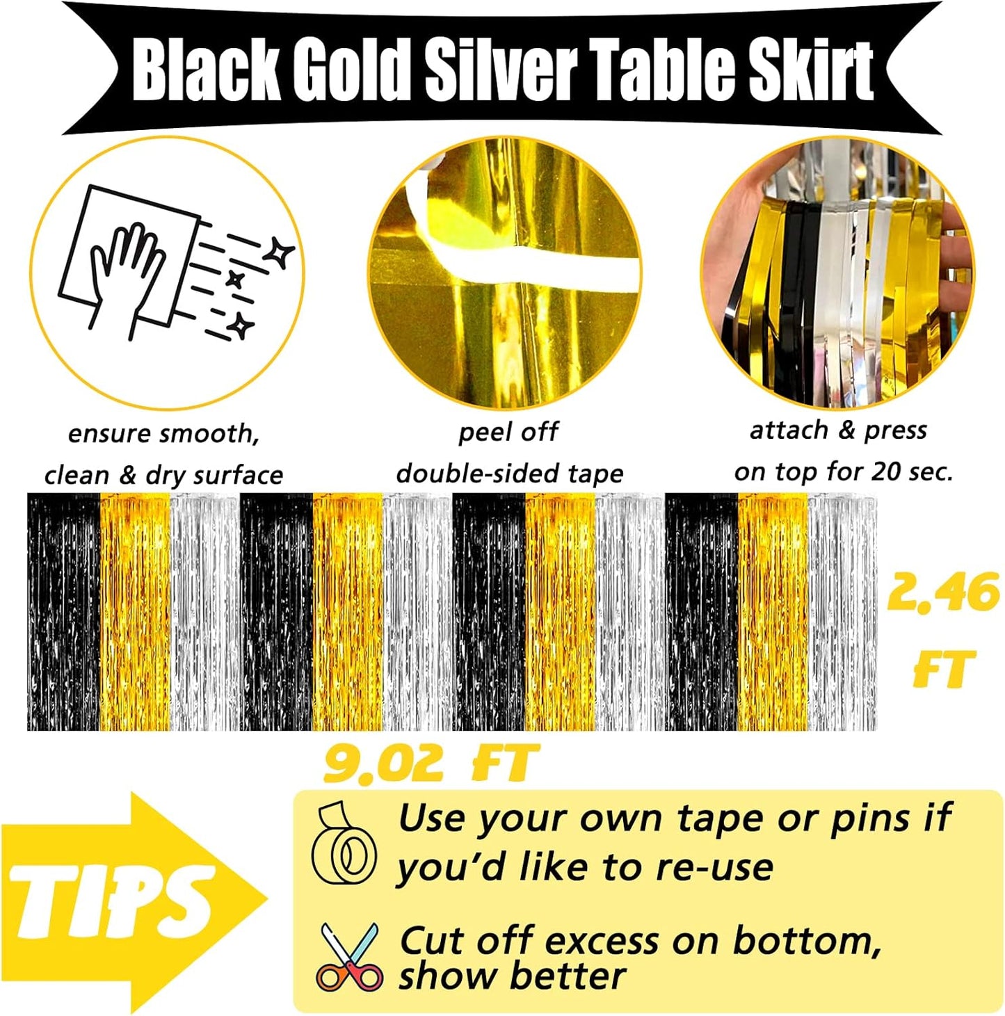 6 Pack 29x108 Inch 2024 New Year Metallic Foil Fringe Table Skirts Banner for Tinsel Streamer Garland Curtains Backdrop for Notorious One Birthday Roaring 20s Graduation Party Decorations