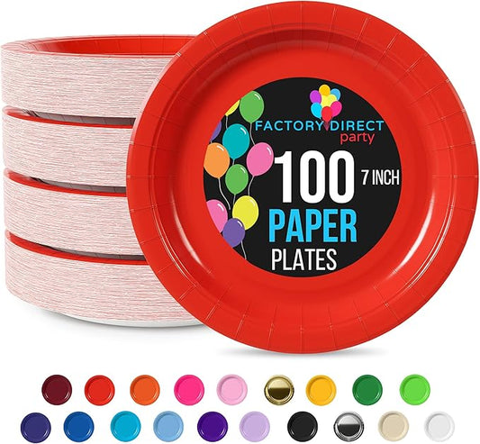 Exquisite Party Solids Red Paper Plates Disposable Heavy Duty 7 Inch Red Disposable Plates For Party 100 Pcs Heavy Duty 350 GSM, Birthday Supplies