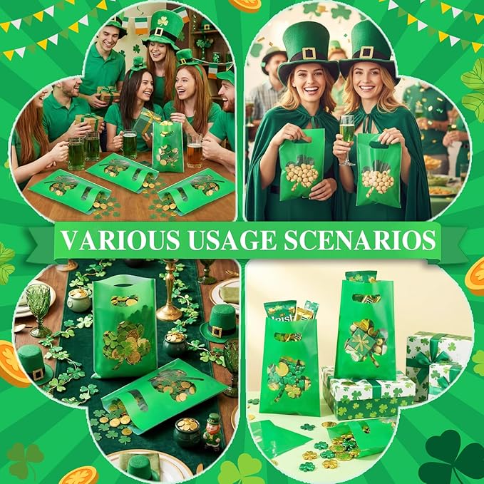 Supervitae 100 Pcs St. Patrick's Day Party Gift Bags Green Irish Shamrock Favor Bags Bulk with Window & Handles for Snacks Goodie Candy Treat Ireland Party Supplies