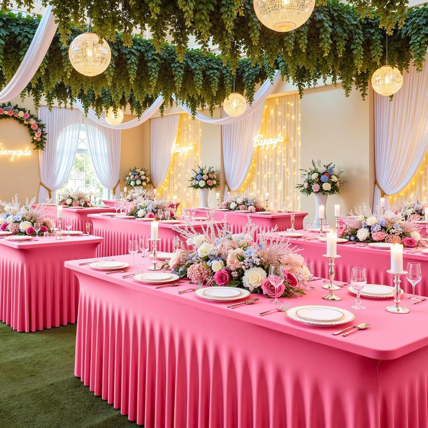 4pk Hot Pink Spandex Tablecloths 6ft for Rectangle Tables, Wrinkle Free Classy Table Skirt Stretchy Fitted Table Cloths Covers 6 Foot for Weddings Birthday Party Events Banquette Baby Shower