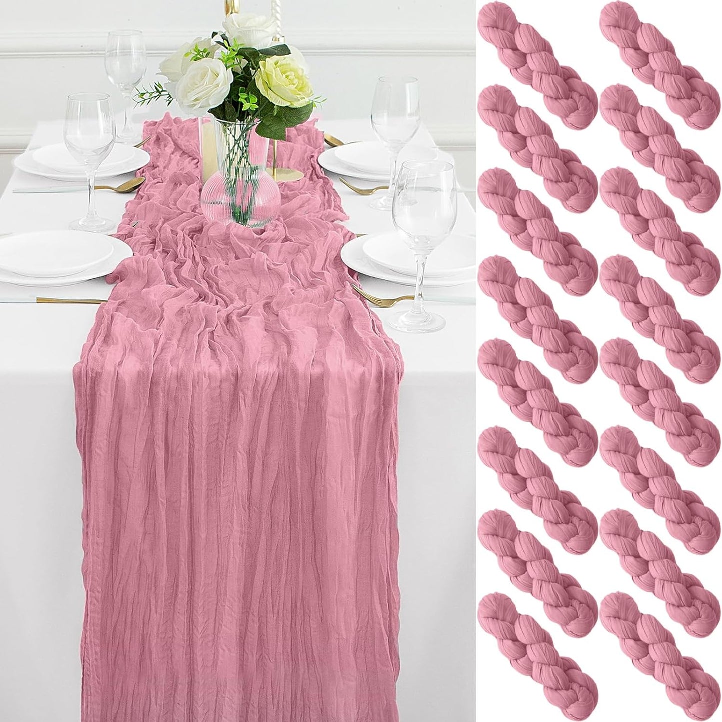 16Pack Dusty Rose Cheesecloth Table Runner 10FT Gauze Cheese Cloth Table Runner 35x120Inch Long Boho Spring Easter Table Runners Rustic Sheer Table Runners for Wedding Baby Shower Bridal Shower Decor