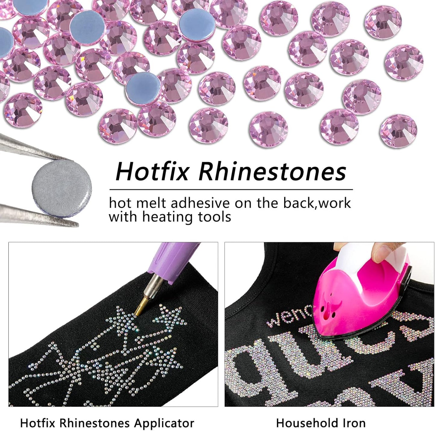 Beadsland Hotfix Rhinestones, 1440pcs Flatback Crystal Rhinestones for Crafts Clothes DIY Decorations, Light Pink, SS16, 3.8-4.0mm