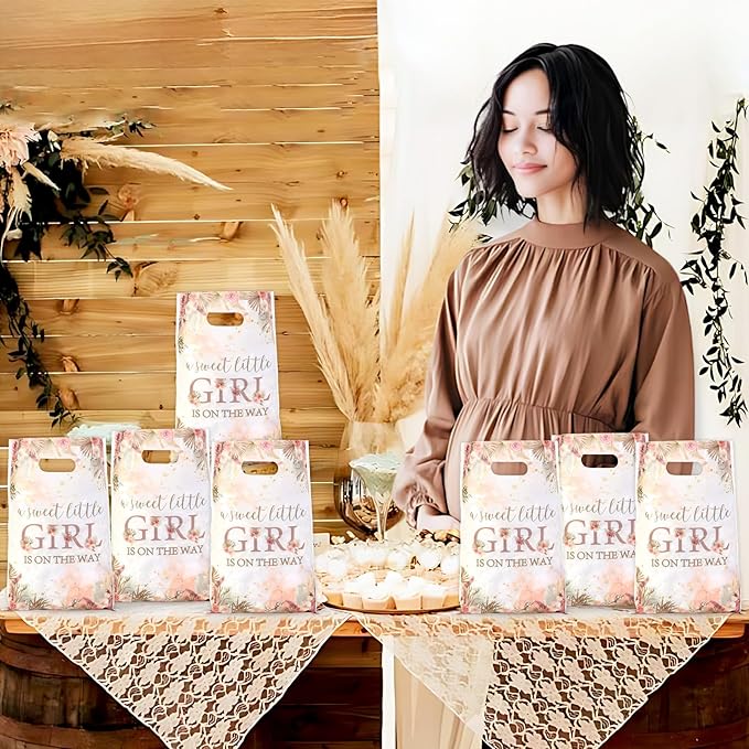 Serencatcher 50Pcs Boho Pampas Grass Baby Shower Party Favor Bags, Pampas Grass A Sweet Little Girl Is On The Way Gift Bags with Handles Plastic Treats Goodie Bag for It's a Girl Baby Shower Decorations Party Supplies