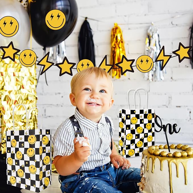 JarThenaAMCS 24Pcs One Happy Dude Party Favor Bags Smile Face Lightning Paper Gift Bag with Handles Checkered Goodie Treat Bags for Baby Shower Birthday Party Supplies