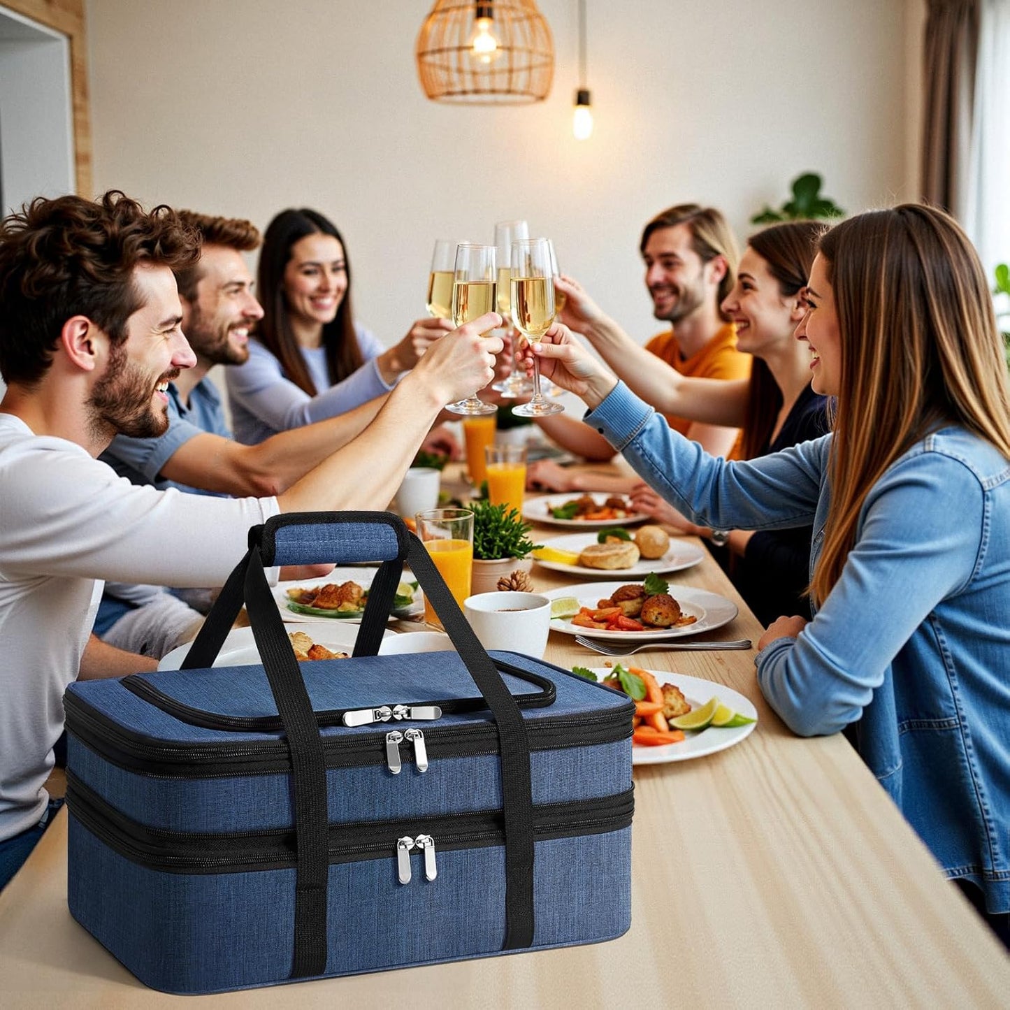 Insulated Double Casserole Carrier - Portable Casserole Carriers for Hot or Cold Food Lunch Tote Warmer or Cooler Bag for Potluck Parties Picnic Cookouts, Fits 9" x 13" Baking Dish - Navy Blue